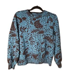 Ann Taylor Blue Black Dark Floral Sweater Witchy Mock Neck Long Sleeve Fitted L